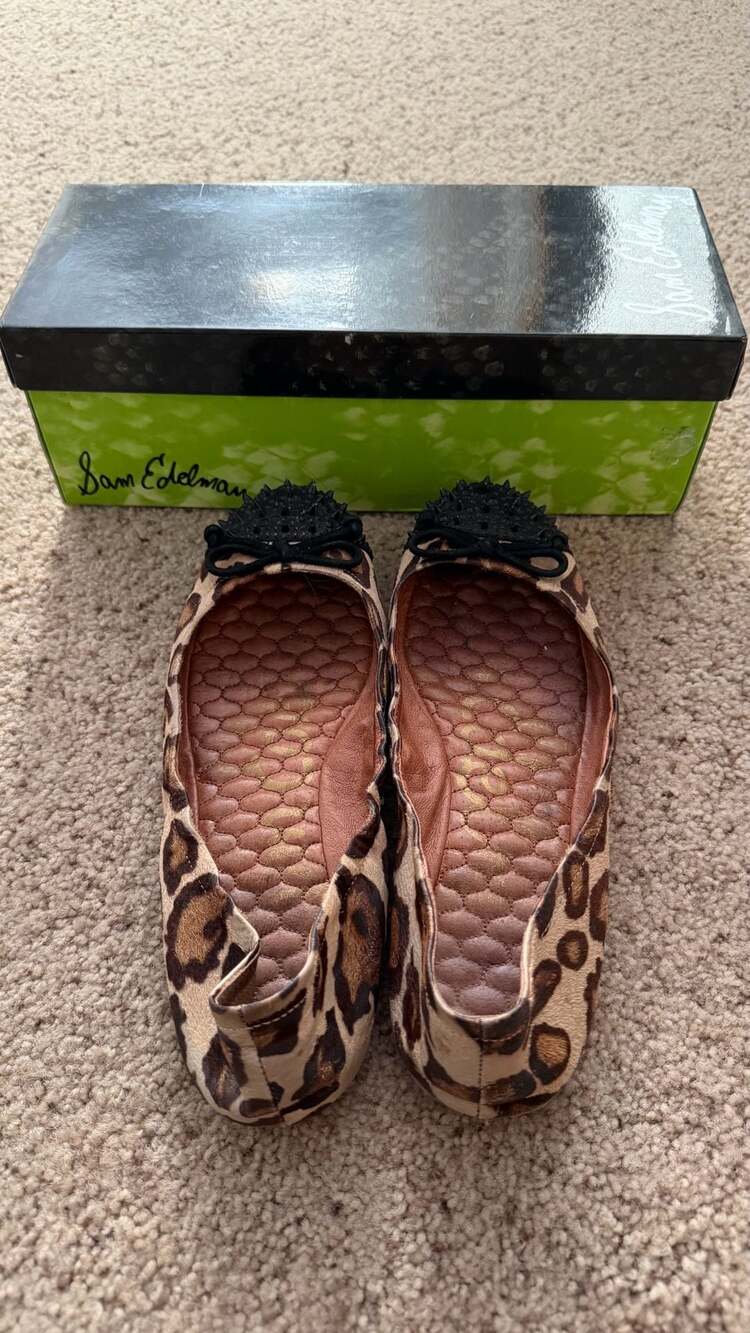 Sam Edelman Leopard Print Calf Hair Studded Cap Toe Ballet Flats